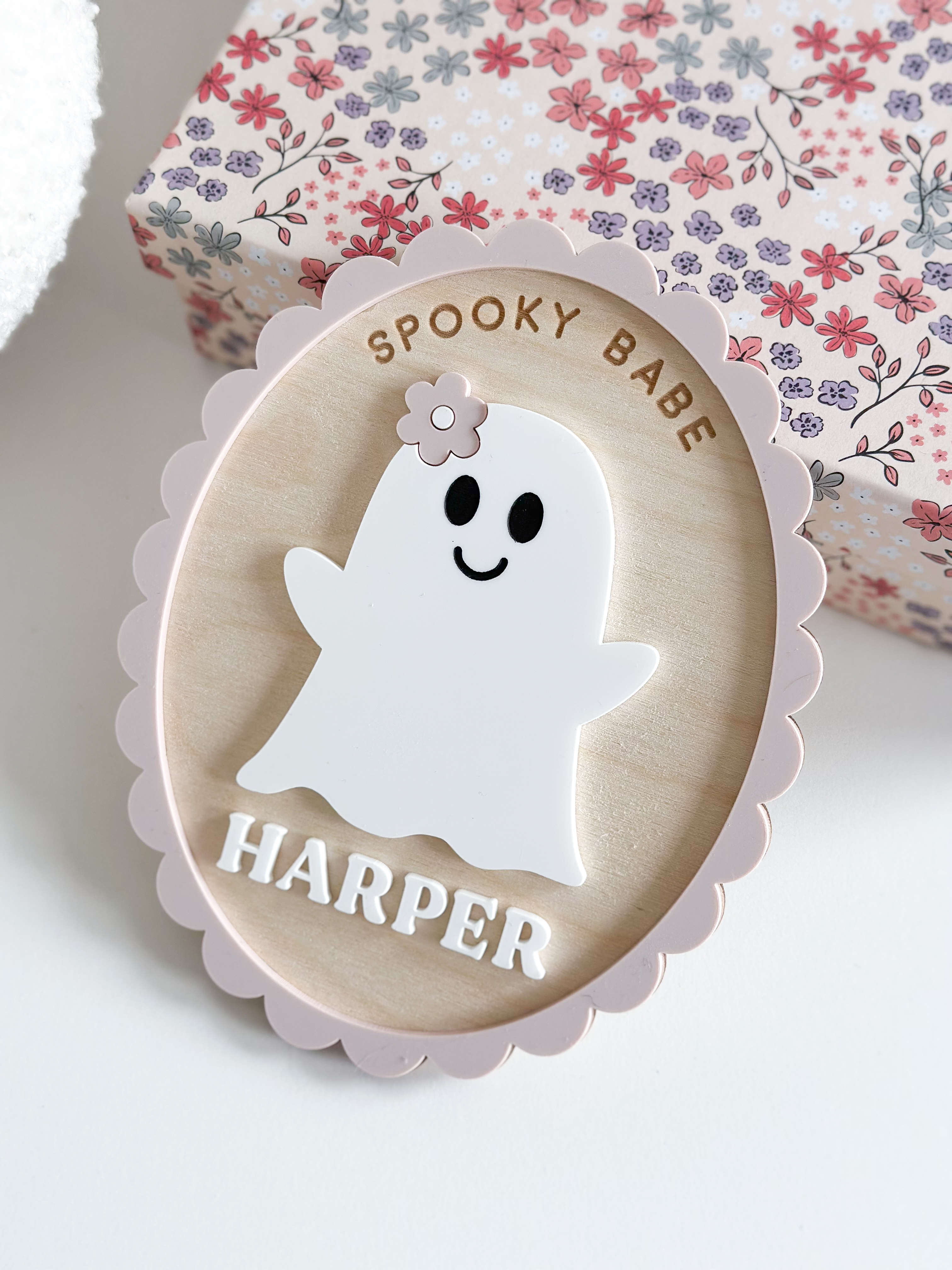 Personalised spooky babe scalloped frame ghost shelf sitter image 3