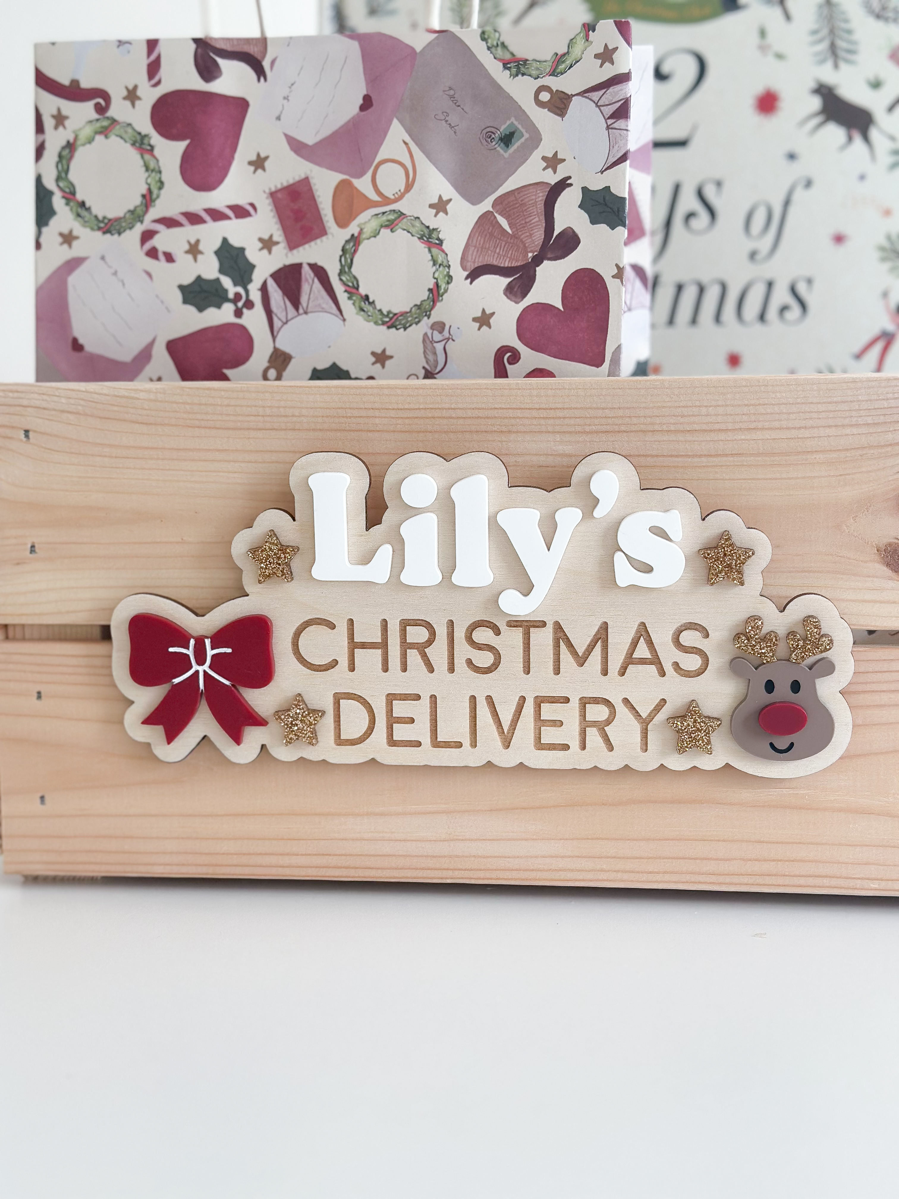 Interchangeable Personalised Christmas Crate (Bow & Reindeer)